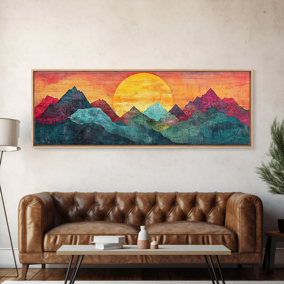 Geometric Mountain Sunrise With Teal And Magenta Peaks Wall Art, Mid Century Modern Canvas Print, Colorful Landscape Decor
