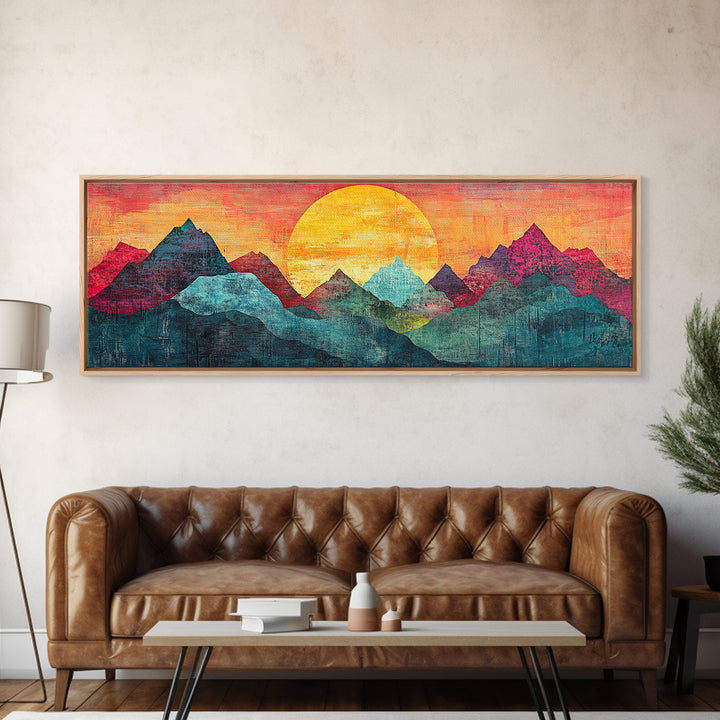 Geometric Mountain Sunrise With Teal And Magenta Peaks Wall Art, Mid Century Modern Canvas Print, Colorful Landscape Decor