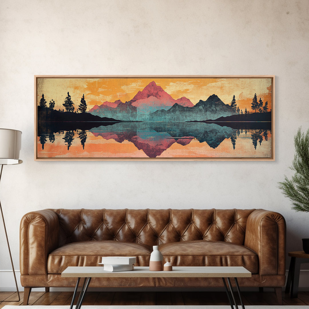 Mountain Lake Reflection With Pine Forest Sunset Wall Art, Framed Canvas Print, Nature Landscape, Rustic Cabin Decor, Lake House