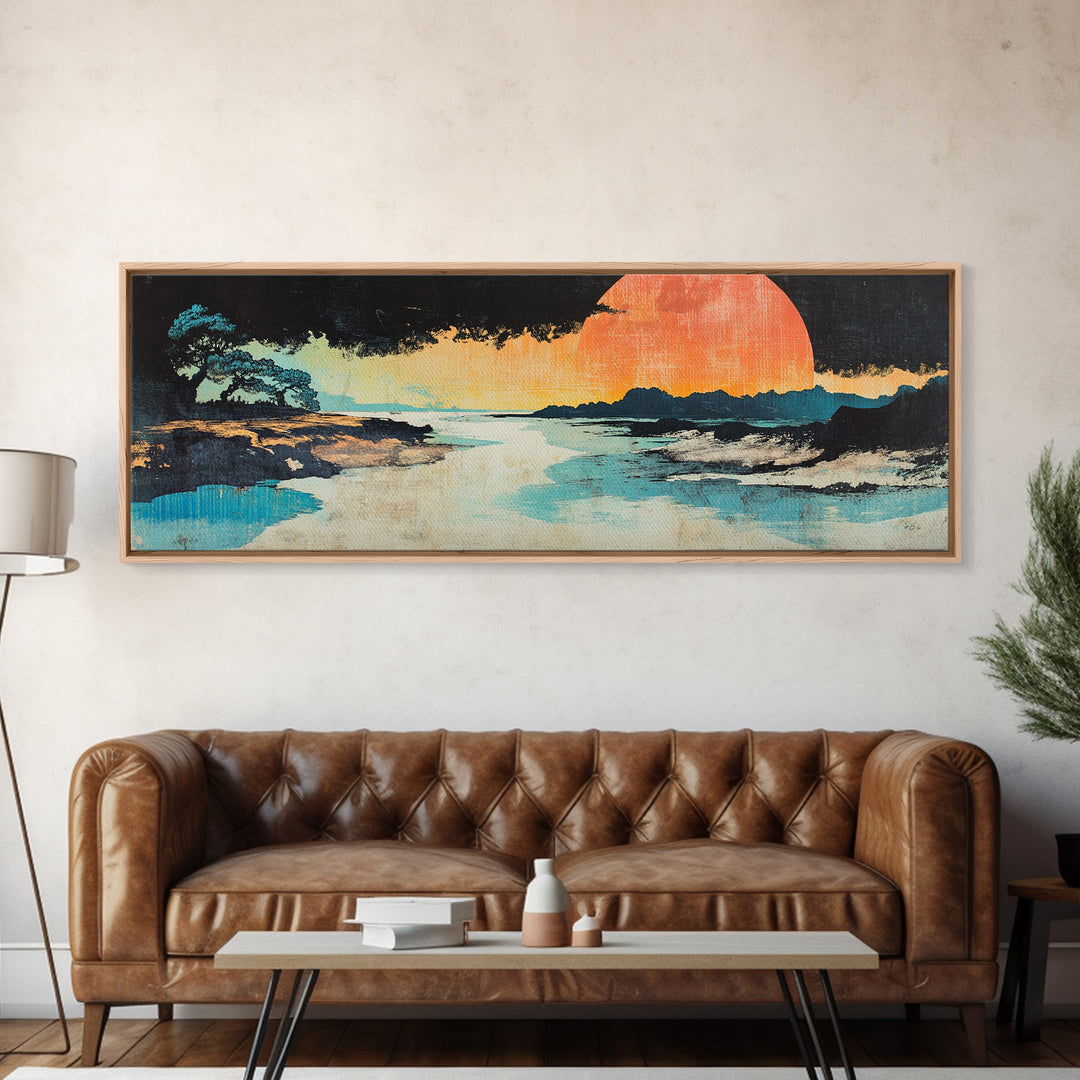 Serene Coastal Sunset With Lone Tree And Blue Shore Wall Art, Japanese Canvas Print, Zen Landscape, Beach House Decor, Spa Decor