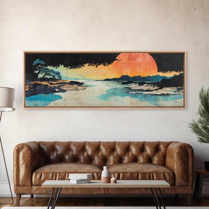 Serene Coastal Sunset With Lone Tree And Blue Shore Wall Art, Japanese Canvas Print, Zen Landscape, Beach House Decor, Spa Decor