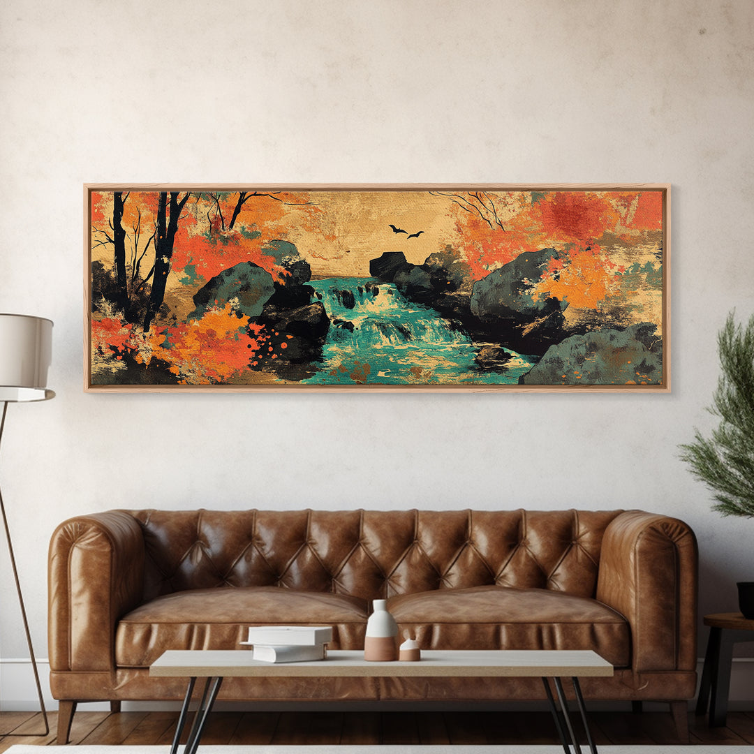 Autumn Forest Stream With Waterfall And Birds Wall Art, Framed Canvas Print, Rustic Landscape Art, Cozy Cabin Decor, Nature