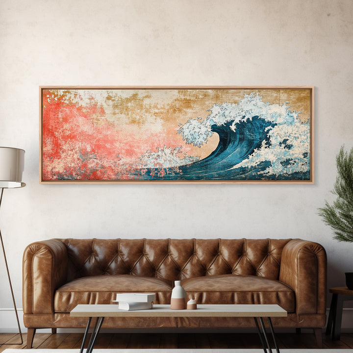 Crashing Blue Wave With Pink Coral Sky Wall Art, Framed Canvas Print, Coastal Seascape, Ocean Wall Decor, Beach House Decor