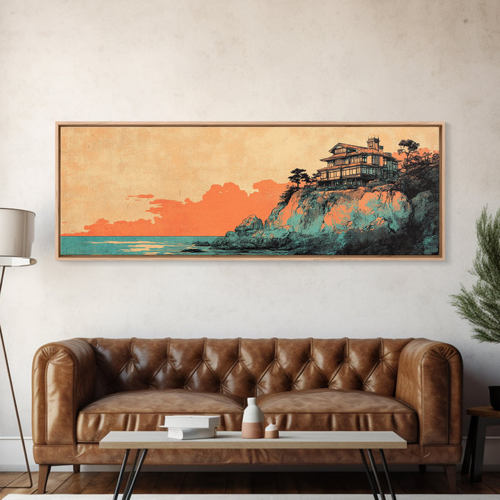 Japanese Cliffside House At Sunset Wall Art, Panoramic Canvas Print, Coastal Decor, Asian Inspired Living Room Decor Art Print