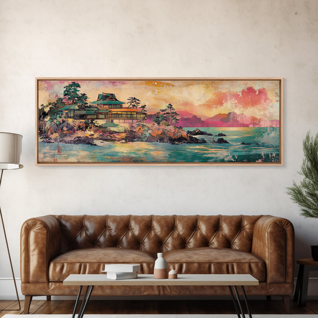 Japanese Palace On Turquoise Coast Wall Art, Panoramic Canvas Print, Asian Landscape Art For Japandi Living Room Decor Print