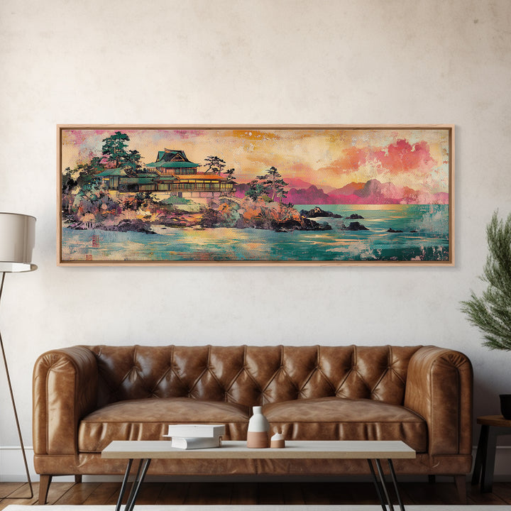 Japanese Palace On Turquoise Coast Wall Art, Panoramic Canvas Print, Asian Landscape Art For Japandi Living Room Decor Print