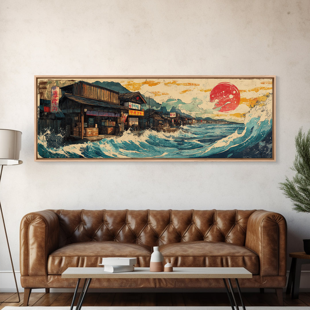 Japanese Seaside Village With Red Sun Wall Art, Panoramic Canvas Print, Ocean Wave Decor, Coastal Kitchen Art Print Home Decor