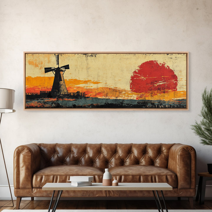 Rustic Windmill And Red Sun Landscape Wall Art, Panoramic Canvas Print, Farmhouse Decor, Western Living Room Art Home Decor