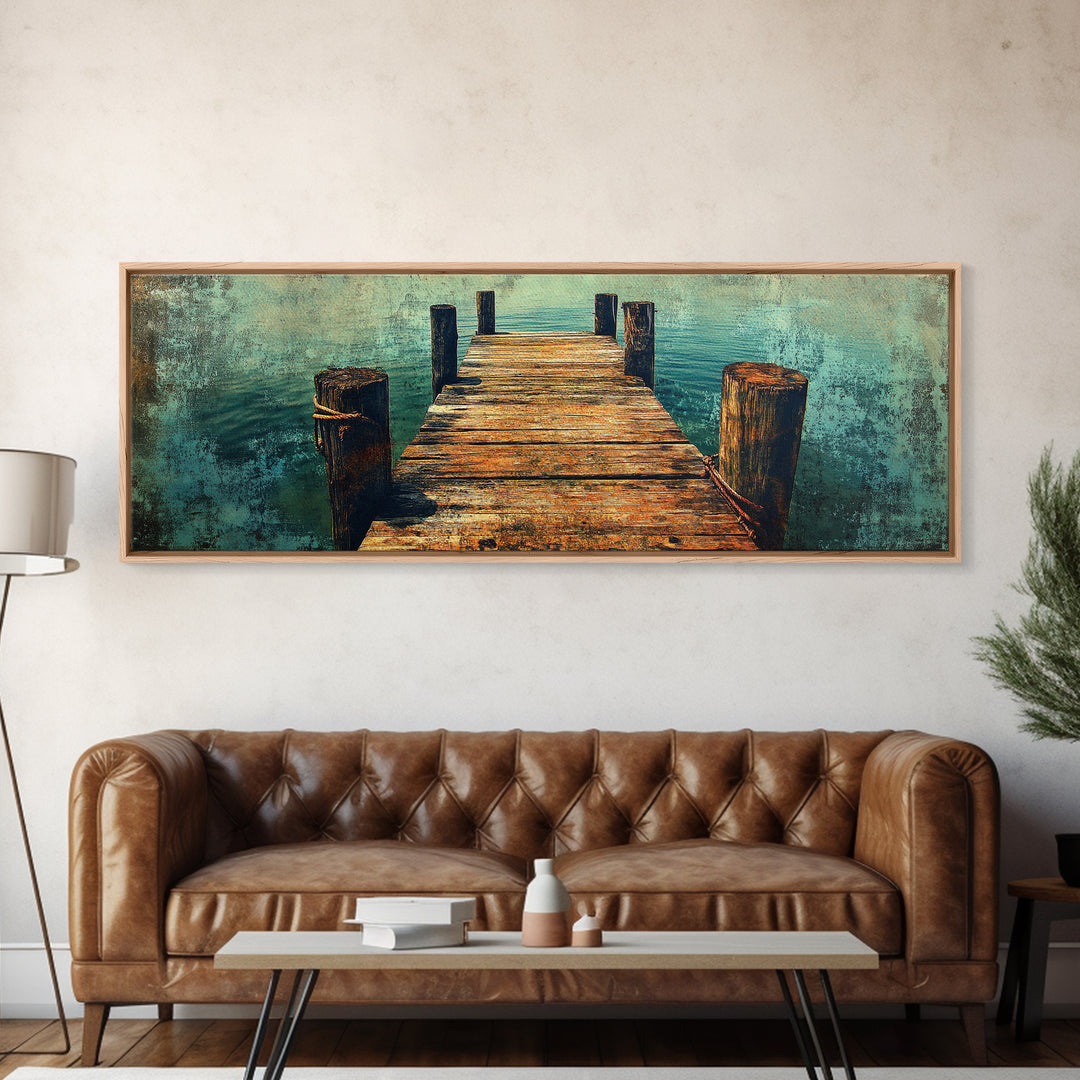 Weathered Wooden Dock Over Teal Water Wall Art, Panoramic Canvas Print, Lake House Decor, Nautical Living Room Art Coastal Decor