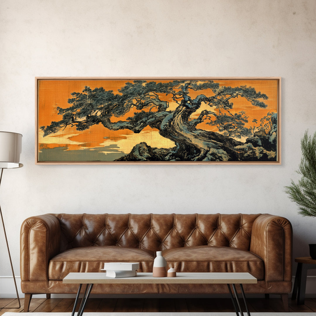 Twisted Japanese Pine Tree Landscape Wall Art, Panoramic Canvas Print, Japandi Decor, Nature Wall Decor, Office Art Print
