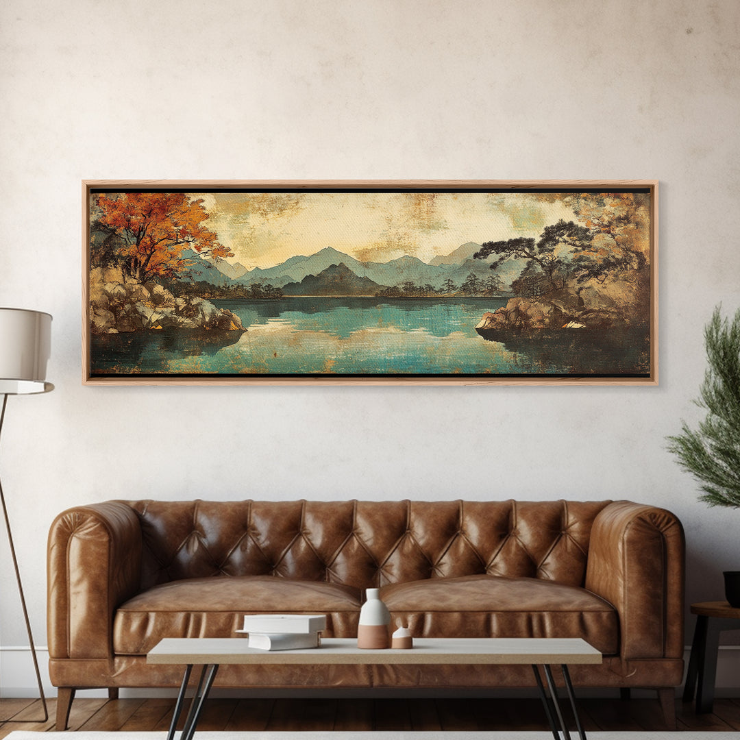 Autumn Mountain Lake With Misty Forest Wall Art, Panoramic Canvas Print, Nature Decor, Landscape Art For Living Room Decor