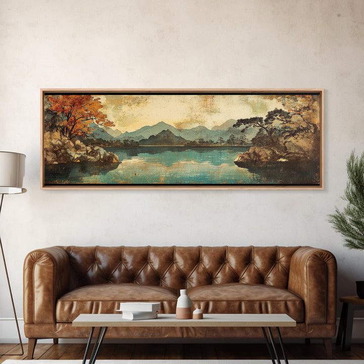 Autumn Mountain Lake With Misty Forest Wall Art, Panoramic Canvas Print, Nature Decor, Landscape Art For Living Room Decor