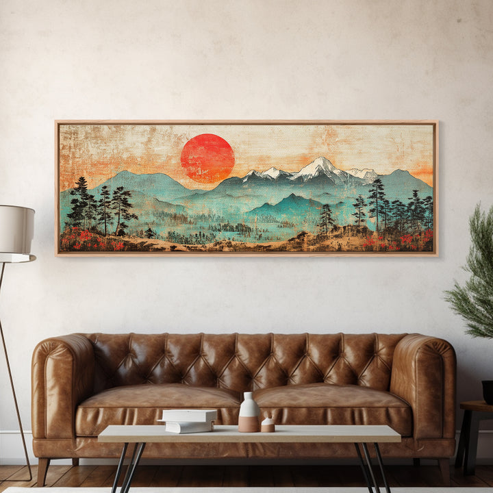 Red Sun Over Snowy Mountains And Pines Wall Art, Panoramic Canvas Print, Rustic Nature Decor, Large Landscape Art Home Decor