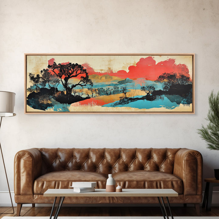 Coral Sky Abstract River Trees Wall Art, Japanese Landscape Print, Panoramic Canvas, Modern Asian Living Room Decor, Home Decor