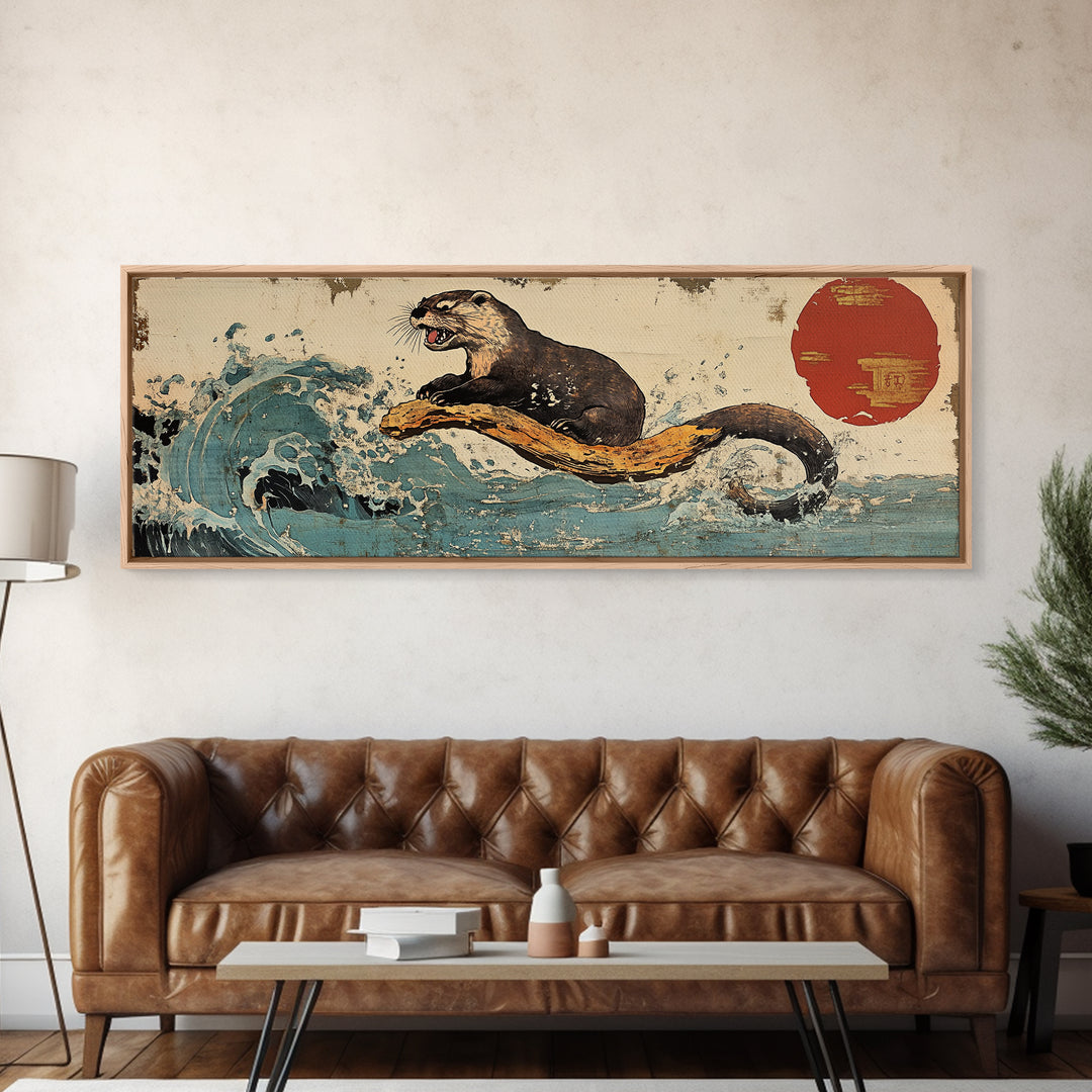 Playful Otter Riding Ocean Wave Wall Art, Japanese Animal Print, Panoramic Canvas, Coastal Bathroom Decor, Wildlife Gift For Her