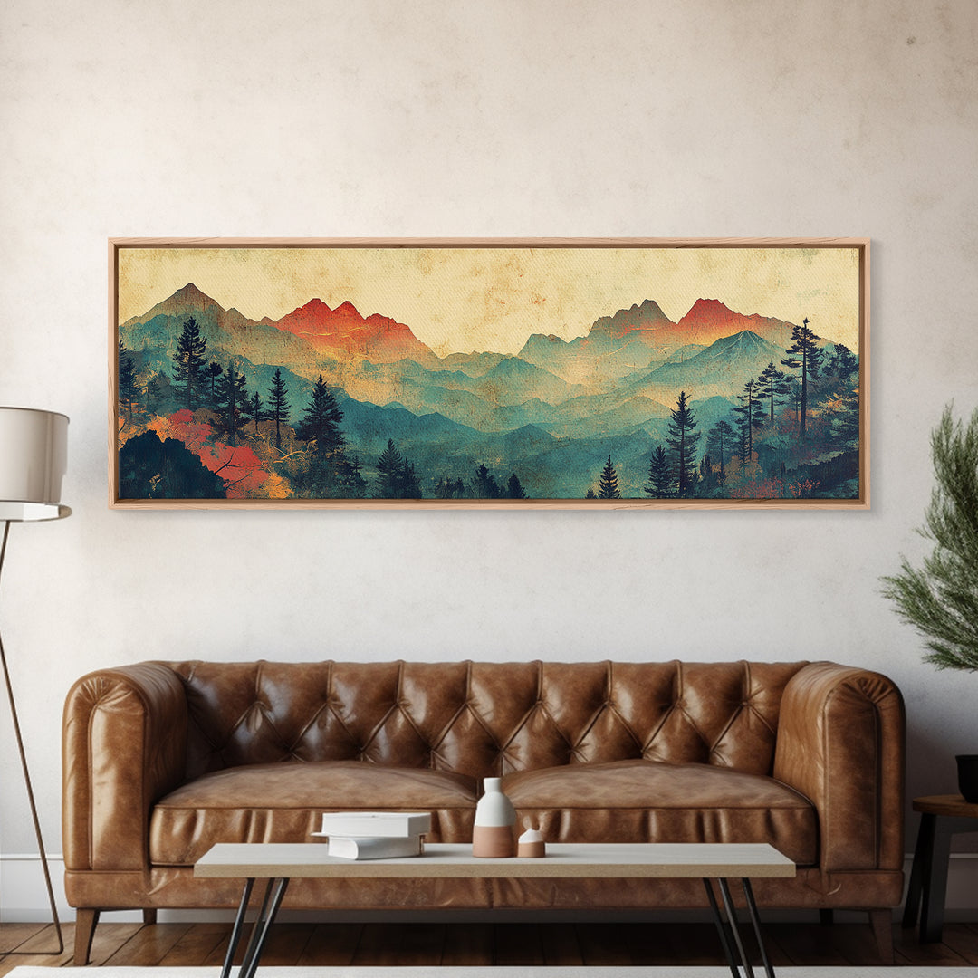 Layered Blue Mountain Forest Wall Art, Panoramic Canvas Print, Nature Landscape, Rustic Cabin Living Room Decor, Above Sofa Decor
