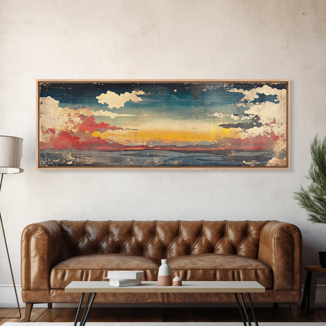Moody Sunset Clouds Over Water Wall Art, Abstract Seascape Canvas Print, Coastal Landscape, Panoramic Home Decor, Living Room Art