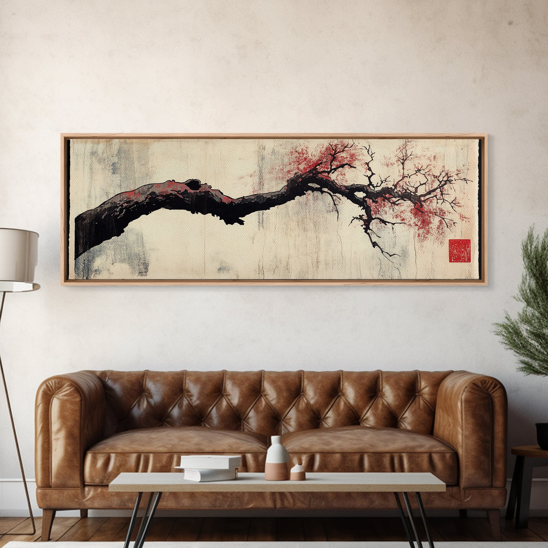 Minimal Black Branch With Red Blossoms Wall Art, Japanese Botanical Canvas Print, Wabi Sabi Neutral Home Decor, Above Bed Art
