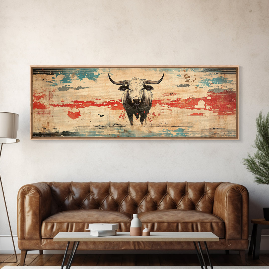 Longhorn Bull Rustic Southwest Wall Art, Western Ranch Canvas Print, Cowboy Home Decor, Desert Landscape, Gift For Him, Man Cave Decor