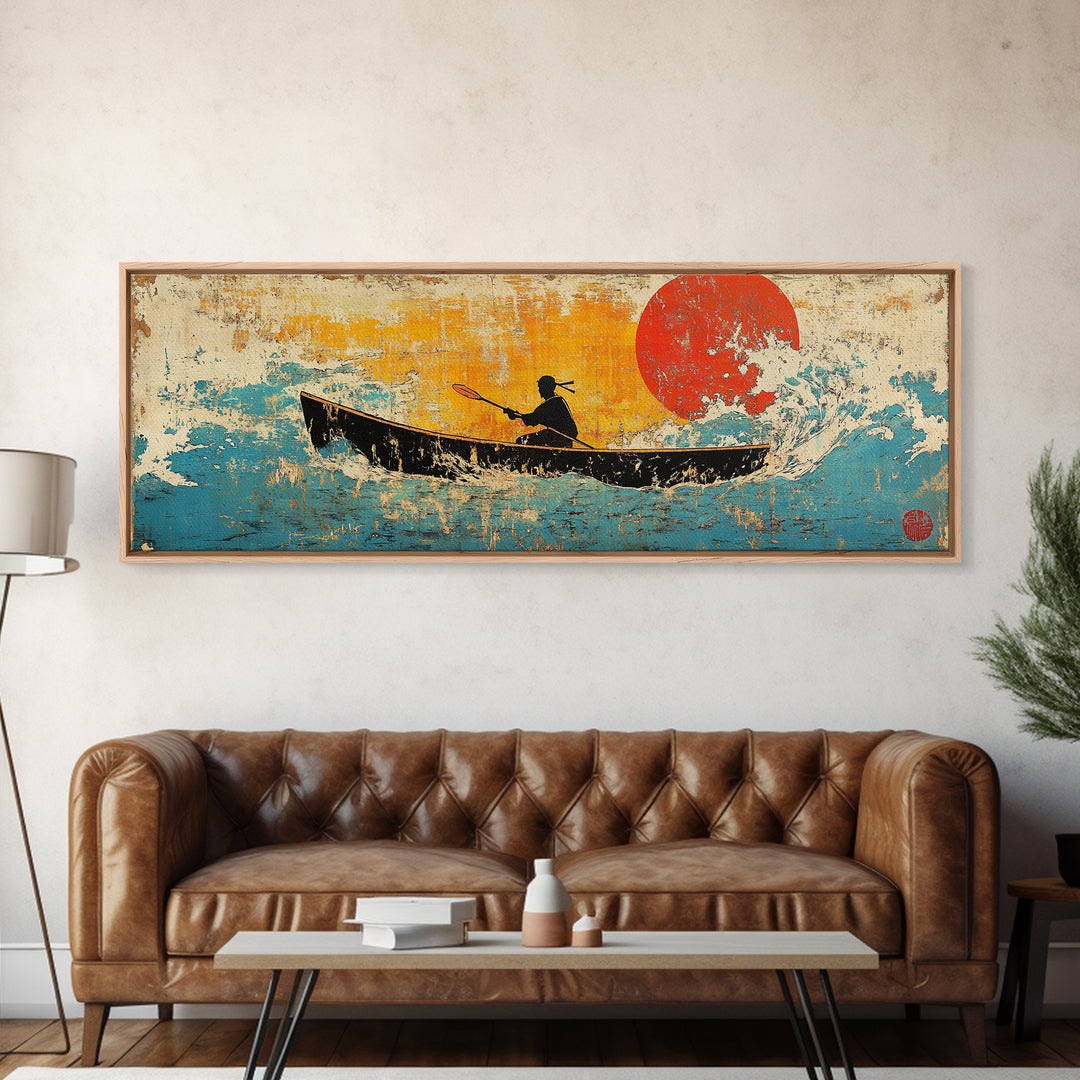 Canoe Silhouette Red Sun Canvas Print, Japanese Lake Wall Art, Retro Coastal Home Decor, Boho Living Room, Gift For Her, Art Print