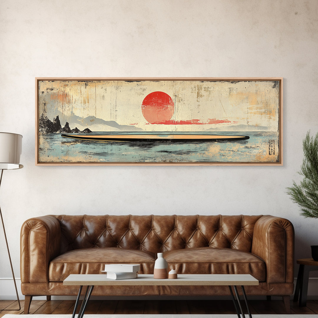 Red Sun Seascape Minimalist Wall Art, Japanese Coastal Canvas Print, Neutral Beach House Decor, Living Room Art Print, Zen Home Decor