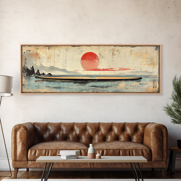 Red Sun Seascape Minimalist Wall Art, Japanese Coastal Canvas Print, Neutral Beach House Decor, Living Room Art Print, Zen Home Decor