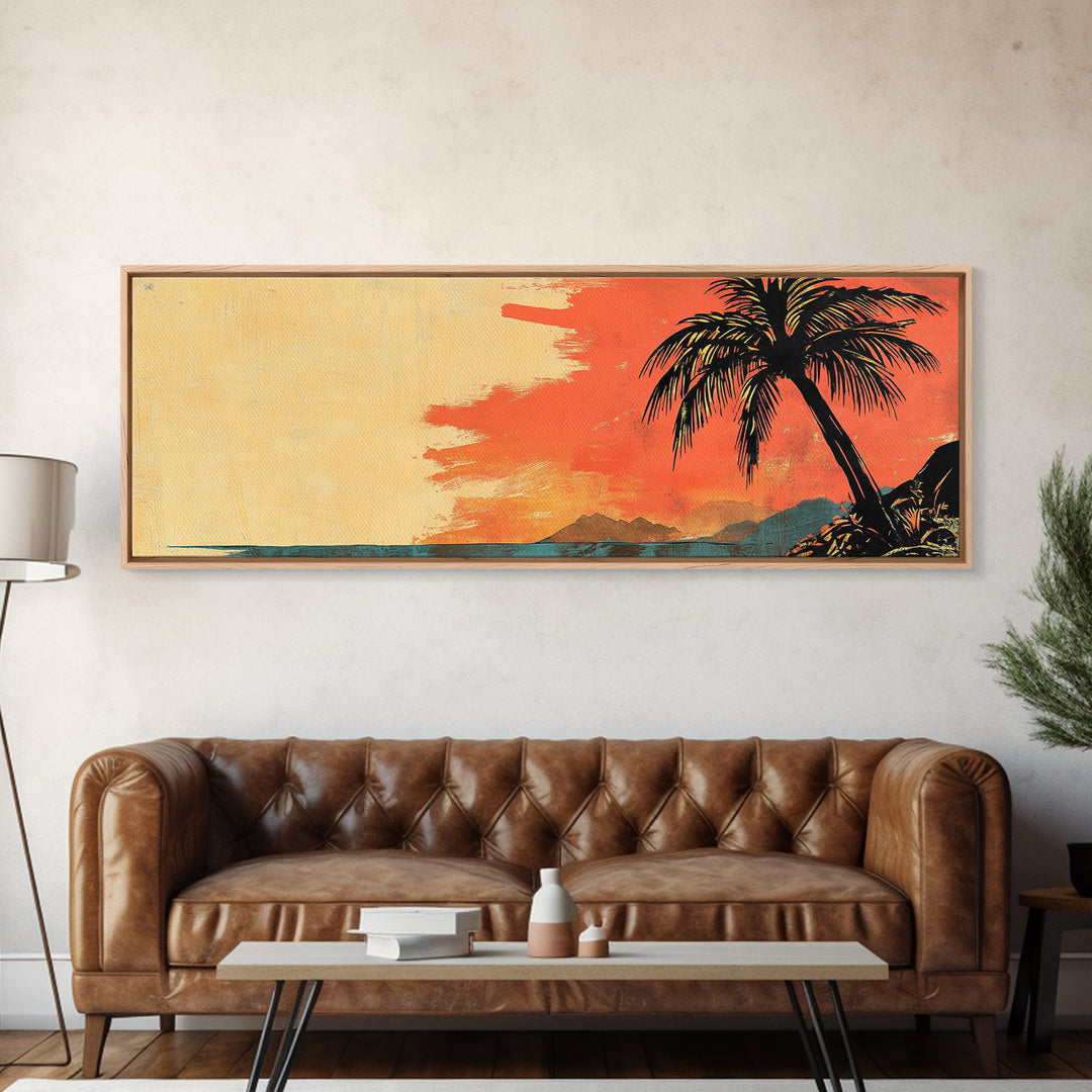 Tropical Palm Sunset Beach Wall Art, Island Canvas Print, Coastal Home Decor, Orange Sky, Summer Living Room Decor, Gift For Her