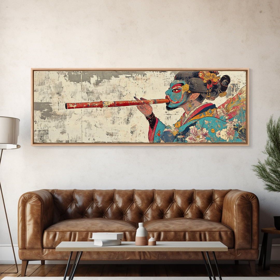 Japanese Geisha Flute Portrait Framed Canvas Print, Asian Wall Art, Kimono Woman Decor, Japandi Home Decor, Gift For Her