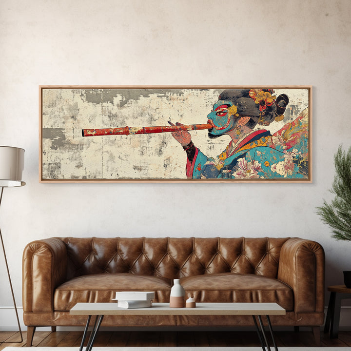 Japanese Geisha Flute Portrait Framed Canvas Print, Asian Wall Art, Kimono Woman Decor, Japandi Home Decor, Gift For Her