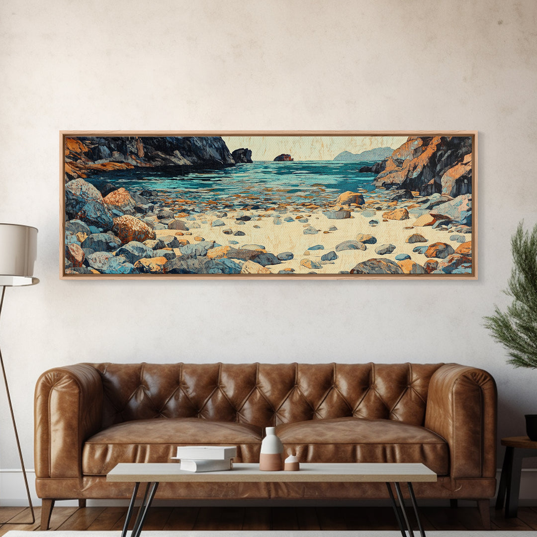 Turquoise Rocky Shore Seascape Wall Art, Coastal Canvas Print, Ocean Landscape, Beach House Decor, Large Living Room Art