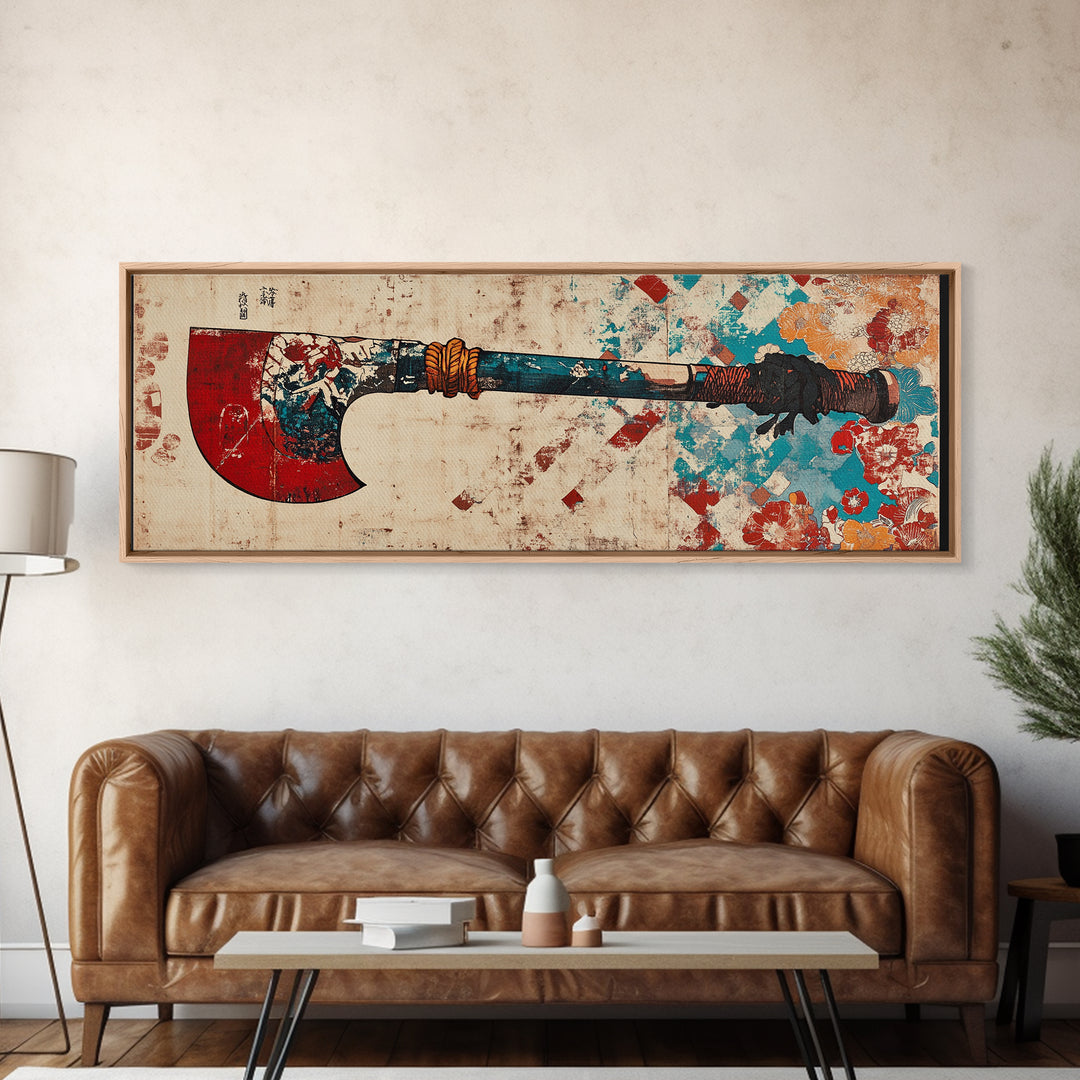 Red Blade Tribal Axe Wall Art, Grunge Weapon Illustration, Rustic Man Cave Decor, Bold African Inspired Canvas Print, Office Decor