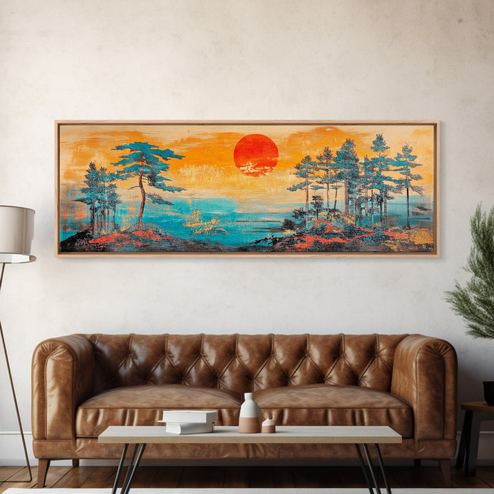 Red Sun Pine Island Wall Art, Japanese Coastal Landscape, Serene Ocean Decor, Long Horizontal Framed Canvas Print, Living Room Art