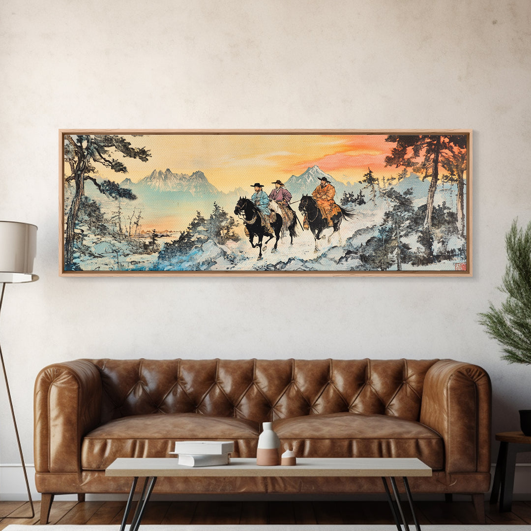 Two Cowboys Snowy Mountain Wall Art, Western Horse Landscape Painting, Rustic Cabin Decor, Large Framed Canvas Print, Gift For Him