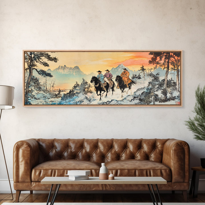 Two Cowboys Snowy Mountain Wall Art, Western Horse Landscape Painting, Rustic Cabin Decor, Large Framed Canvas Print, Gift For Him