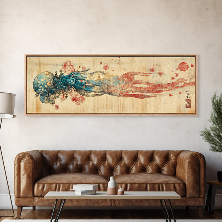 Blue Jellyfish Ocean Wall Art, Marine Life Illustration, Coastal Bathroom Decor, Nautical Framed Canvas Print, Gift For Her