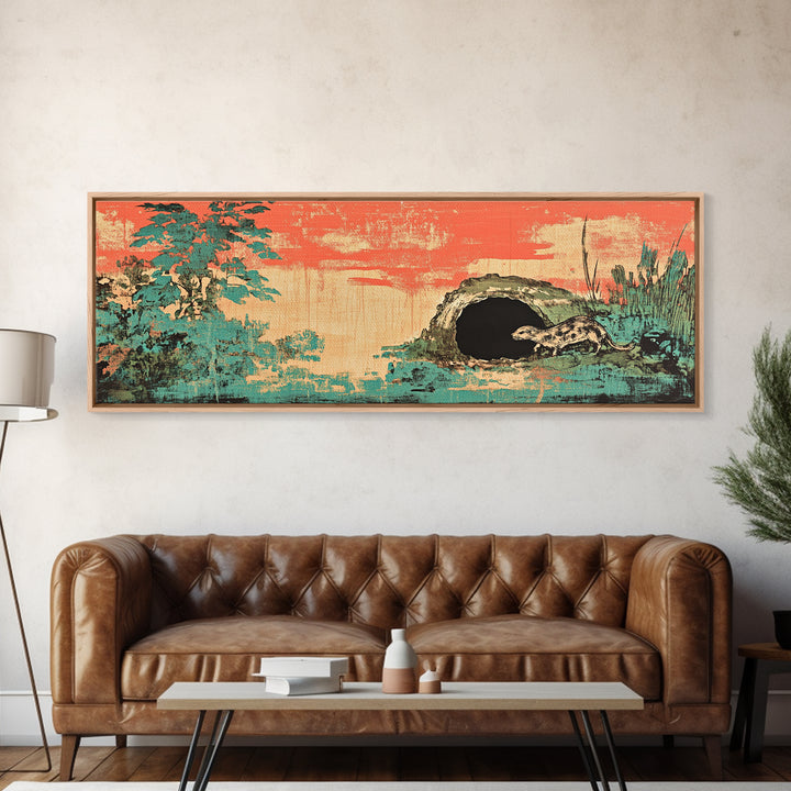 Teal Pine Forest And Moonlit Cave Wall Art, Japanese Landscape Print, Japandi Decor, Panoramic Canvas, Nature Home Decor