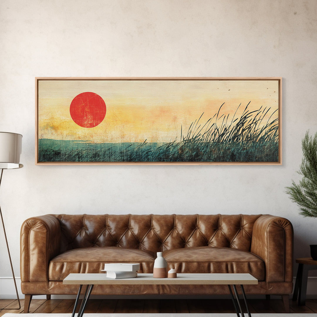 Red Sun Marsh Grass Wall Art, Minimalist Japanese Landscape Print, Zen Nature Decor, Horizontal Canvas, Calming Living Room Decor