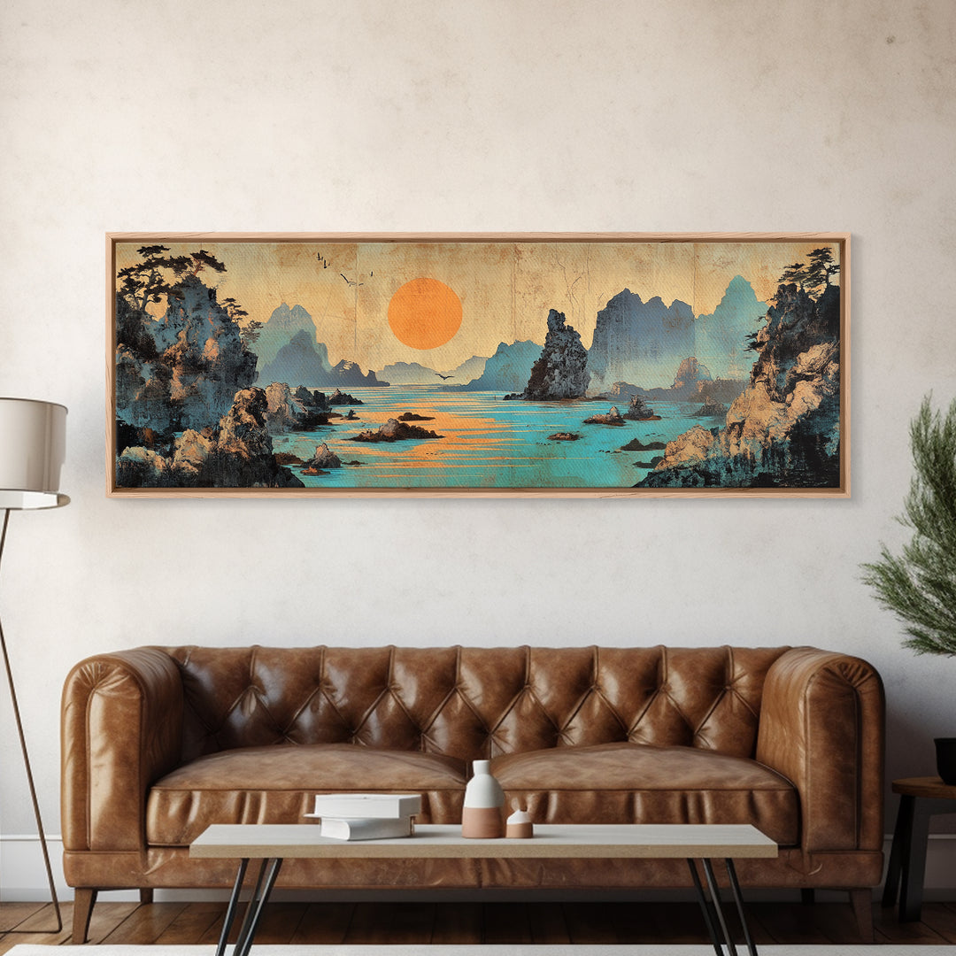 Turquoise Karst Bay Sunset Wall Art, Asian Landscape Print, Japanese Wall Decor, Zen Coastal Art, Panoramic Canvas Print