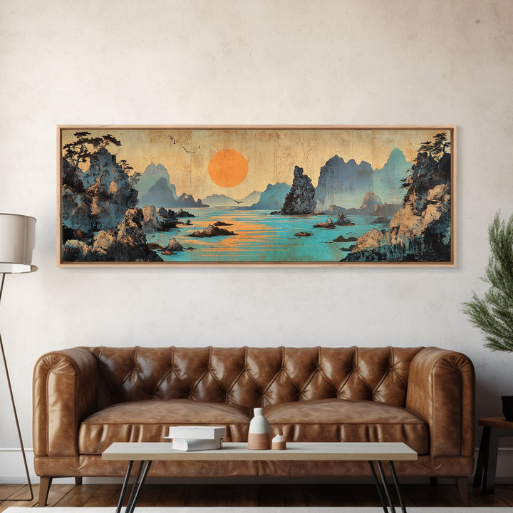 Turquoise Karst Bay Sunset Wall Art, Asian Landscape Print, Japanese Wall Decor, Zen Coastal Art, Panoramic Canvas Print
