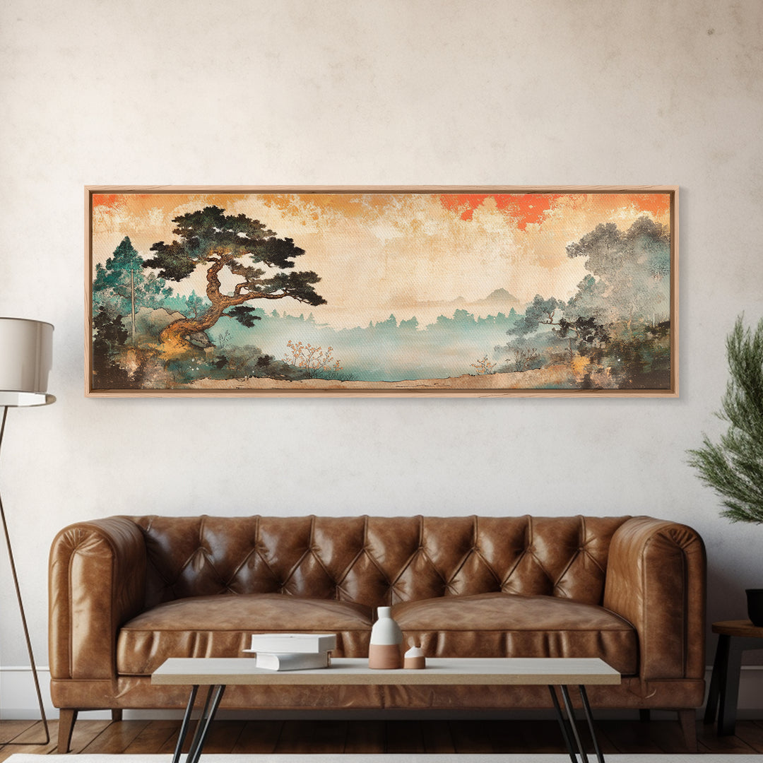 Misty Pine Tree Mountain Wall Art, Japanese Landscape Print, Japandi Wall Decor, Serene Nature Art, Large Horizontal Canvas
