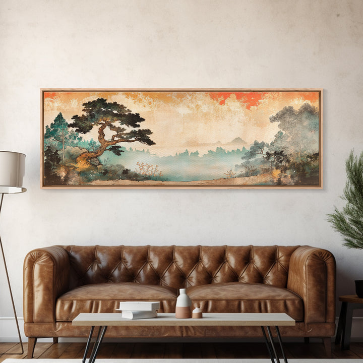 Misty Pine Tree Mountain Wall Art, Japanese Landscape Print, Japandi Wall Decor, Serene Nature Art, Large Horizontal Canvas