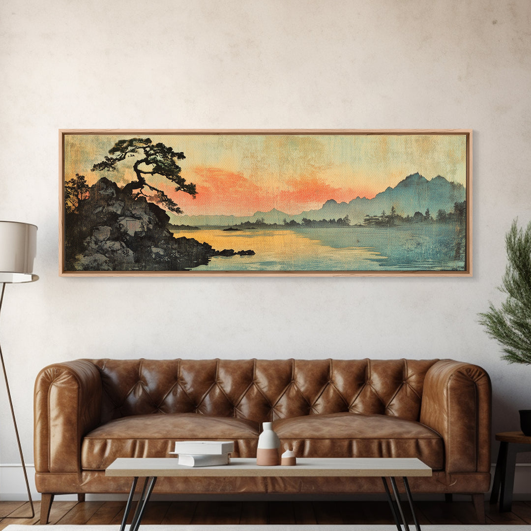 Japanese Lake Sunset With Lone Pine Wall Art, Panoramic Landscape Print, Japandi Decor, Serene Living Room Wall Decor, Home Decor