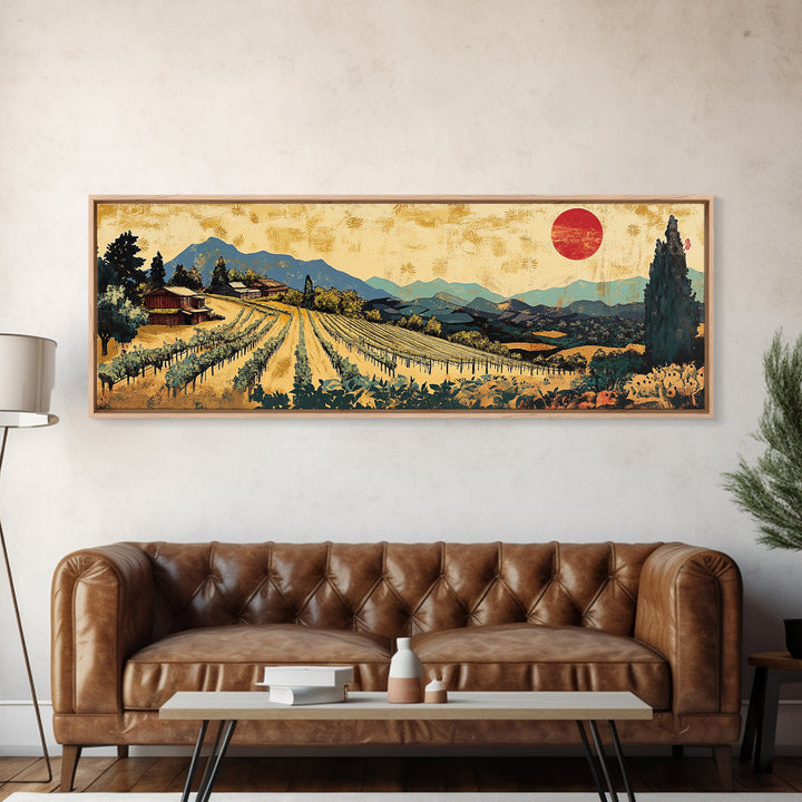 Tuscan Vineyard Rows And Red Sun Canvas Print, Wine Country Landscape Wall Art, Rustic Kitchen Decor, Housewarming Gift Idea