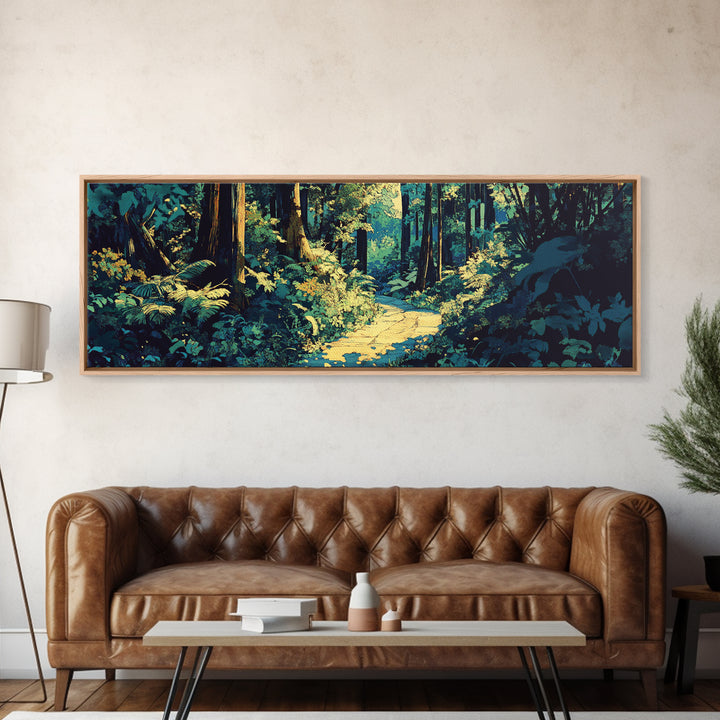 Sunlit Forest Path Through Ferns Wall Art, Nature Landscape Canvas Print, Woodland Decor, Calming Living Room Wall Art Print