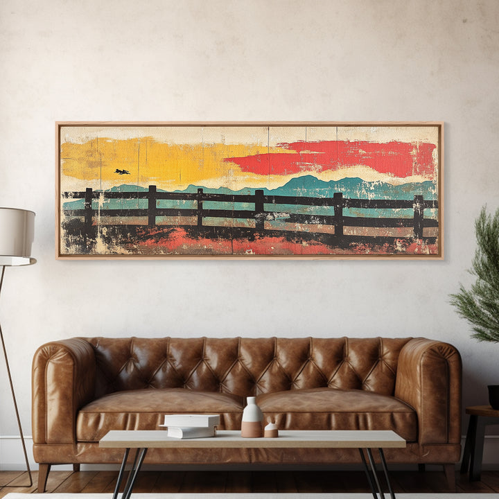 Rustic Fence And Mountain Horizon Wall Art, Abstract Landscape Canvas Print, Mid Century Modern Decor, Horizontal Wall Art