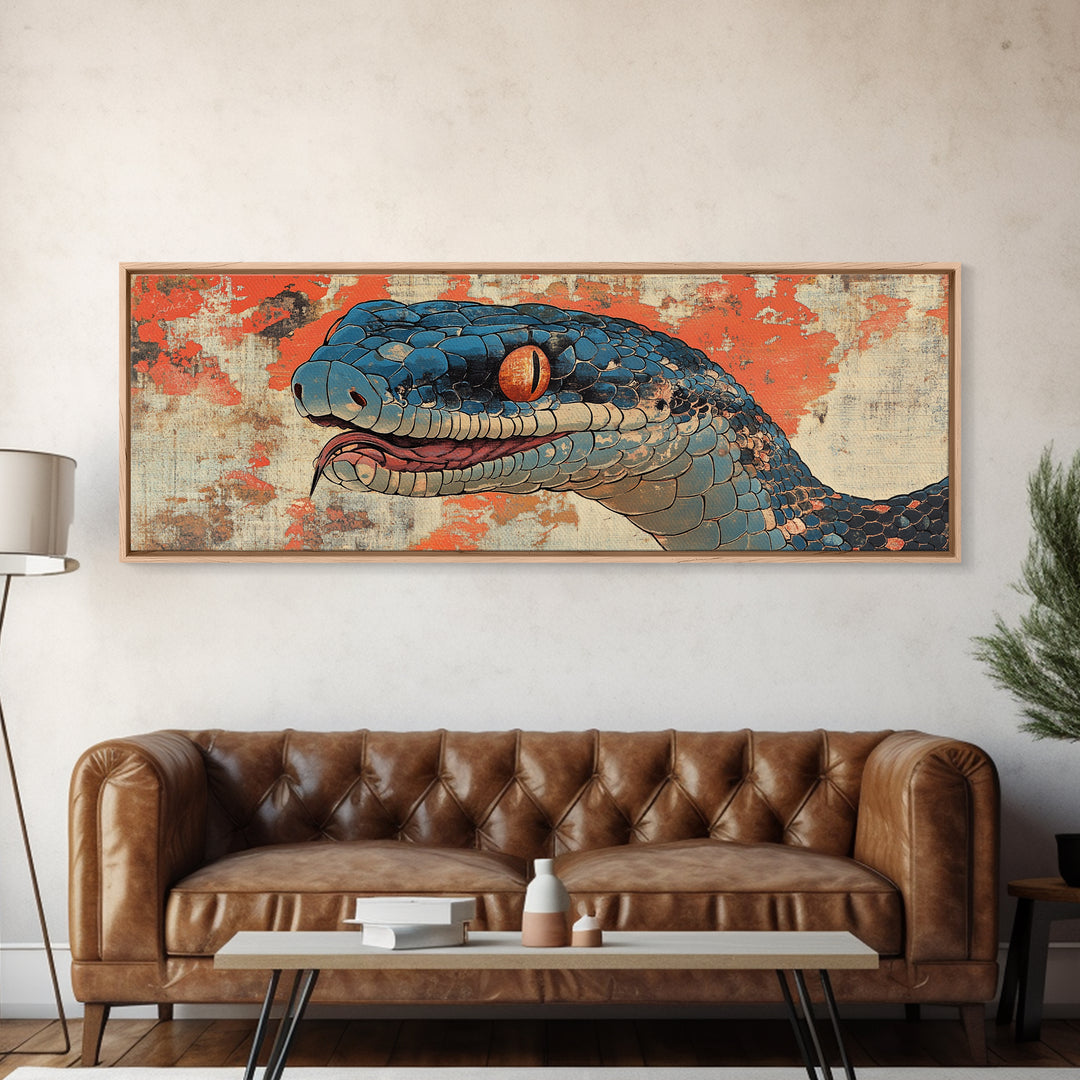 Blue Snake Portrait With Orange Eyes Wall Art, Wildlife Canvas Print, Snake Illustration, Bold Eclectic Home Decor, Statement Wall Art