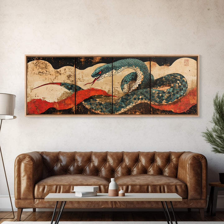 Teal Serpent With Red Sun Waves Wall Art, Japanese Snake Canvas, Ukiyo E Style, Asian Decor, Bold Wildlife Living Room Print