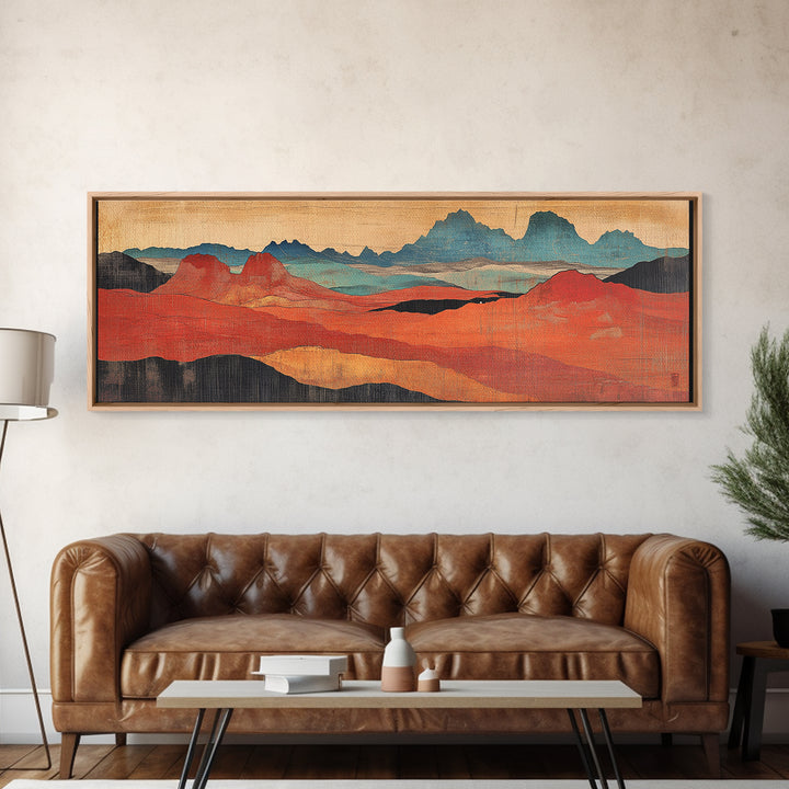 Red Orange Desert Hills Framed Canvas Print, Abstract Landscape Art, Southwestern Decor, Earth Tone Modern Living Room Wall Art