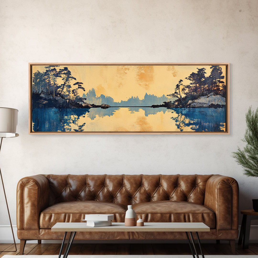 Blue Lake Pine Forest Reflections Canvas Print, Serene Nature Wall Art, Japandi Landscape Decor, Calming Living Room Print