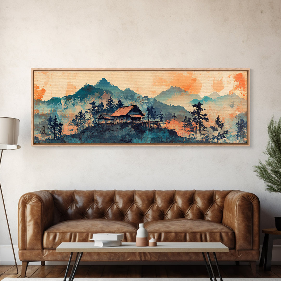 Mountain Cabin At Peach Sunrise Wall Art, Watercolor Landscape Print, Rustic Nature Decor, Cozy Bedroom Living Room Canvas